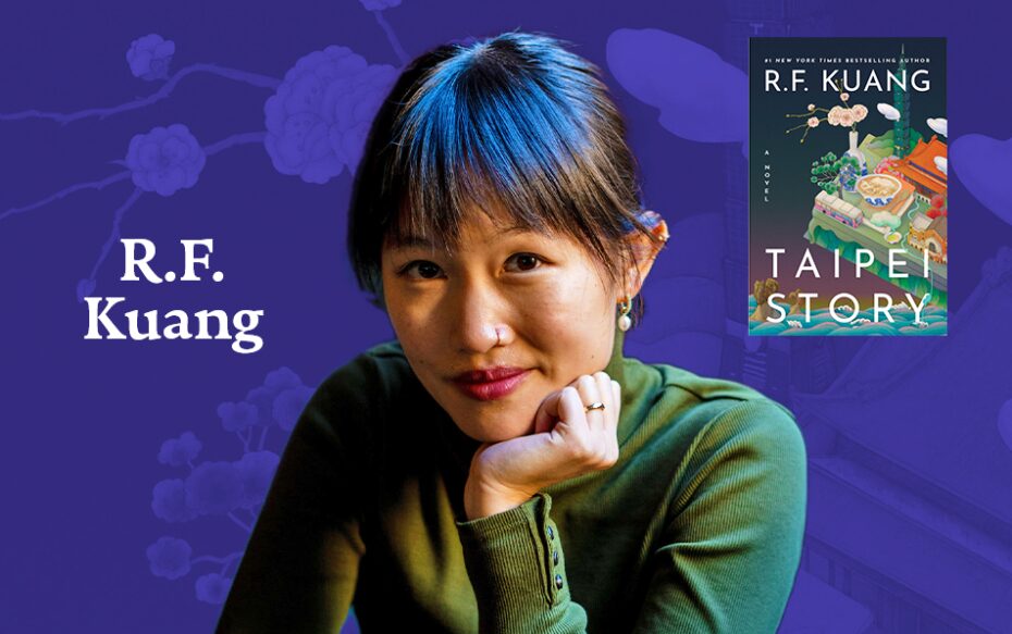 Against a purple background: a headshot of author R.F. Kuang. The author's name appears in white text on the left side of the image, and the cover of her novel Taipei Story appears on the right side of the image.