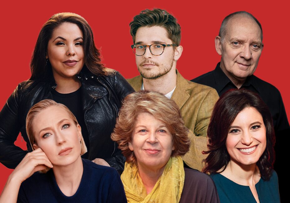 Against a red background: headshots of Florencia Cuenca, Andy Mientus, Zach Grenier, Carrie Coon, Meg Wolitzer, and Susan Pourfar.