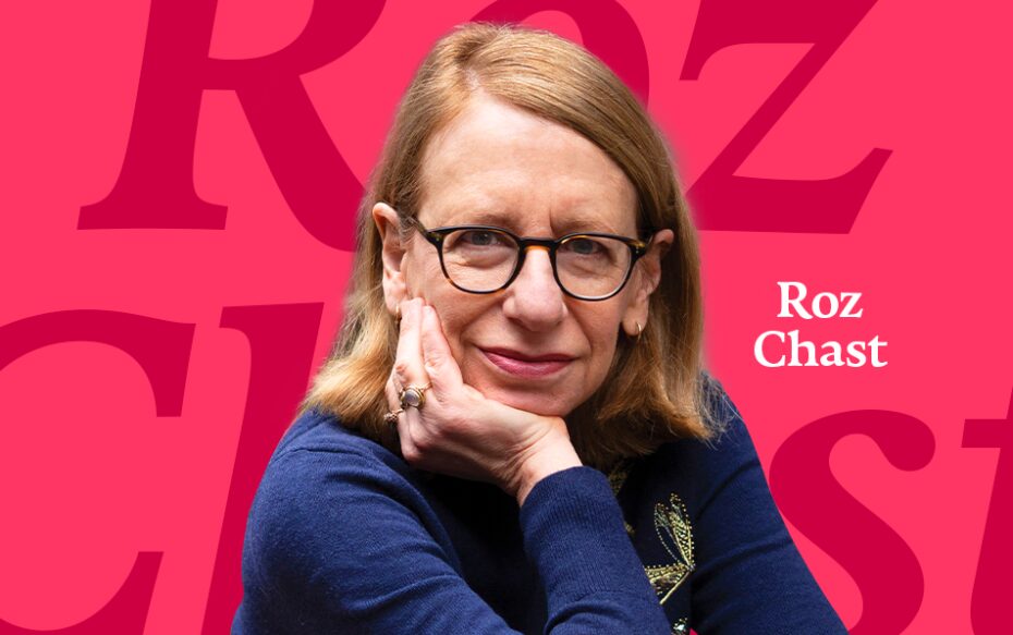 Against a red background: a headshot of Roz Chast. Her name appears in white text on the right side of the image.