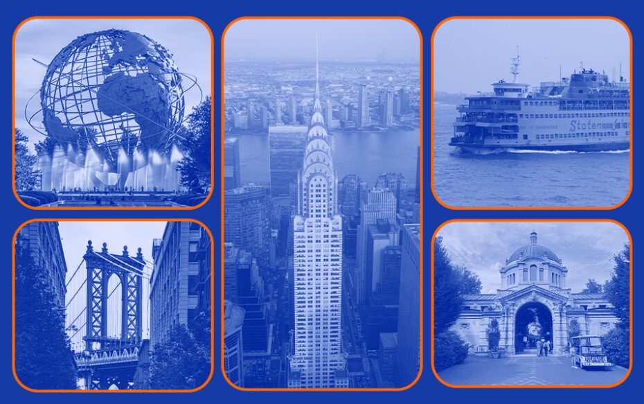 Image of iconic landmarks from NYC boroughs: Unisphere, Chrysler Building, Staten Island Ferry, Bronx Zoo, and Brooklyn Bridge.