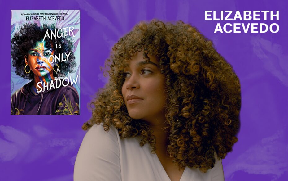 Images of Elizabeth Acevedo and book cover for Anger Is Only a Shadow against purple background.
