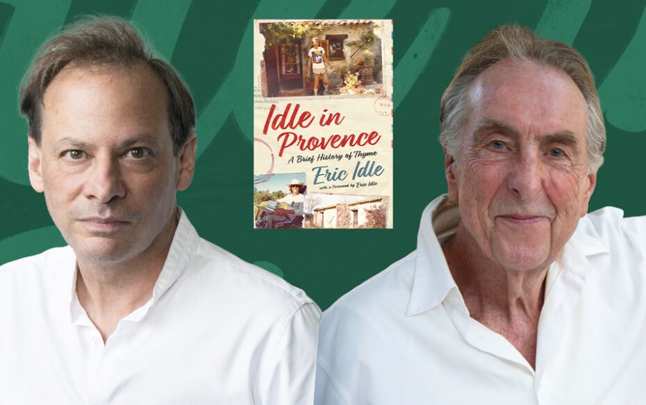 Image of Adam Gopnik, Eric Idle, and Eric Idle's book cover against a green background.