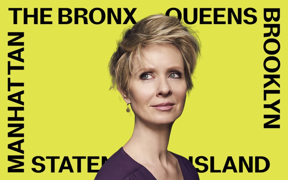 Image of Cynthia Nixon against a yellow background with text around the border reading: The Bronx, Queens, Brooklyn, Staten Island, Manhattan.
