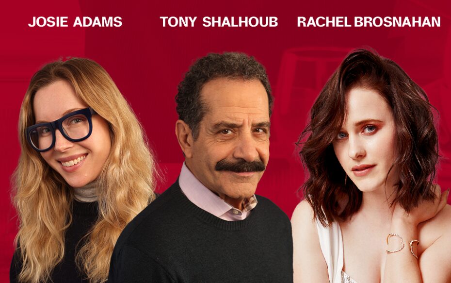 Images of Tony Shalhoub, Josie Adams, and Rachel Brosnahan against red background.