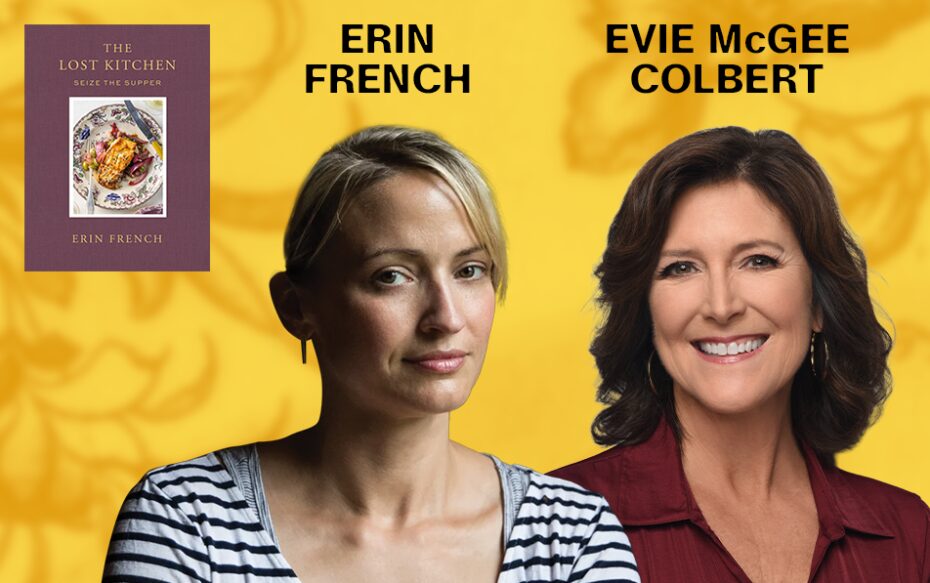 Against a yellow patterned background: headshots of Erin French and Evie McGee Colbert. The artists' names appear in black text above their headshots, and the cover of French's book Seize the Supper appears in the upper left.