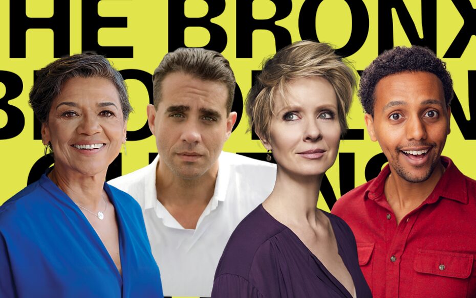 Against a yellow background: headshots of Sonia Manzano, Bobby Cannavale, Cynthia Nixon, and Sam Kebede. Black background text: Queens, The Bronx, Brooklyn, Manhattan, Staten Island.