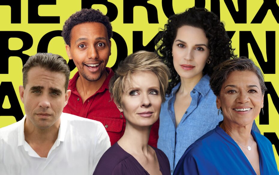 Against a yellow background: headshots of Sonia Manzano, Bobby Cannavale, Cynthia Nixon, Shirley Rumierk, and Sam Kebede. Black background text: Queens, The Bronx, Brooklyn, Manhattan, Staten Island.