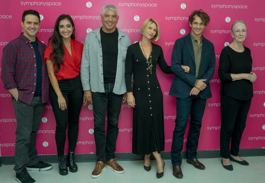 A group of actors in front of the Symphony Space backdrop.