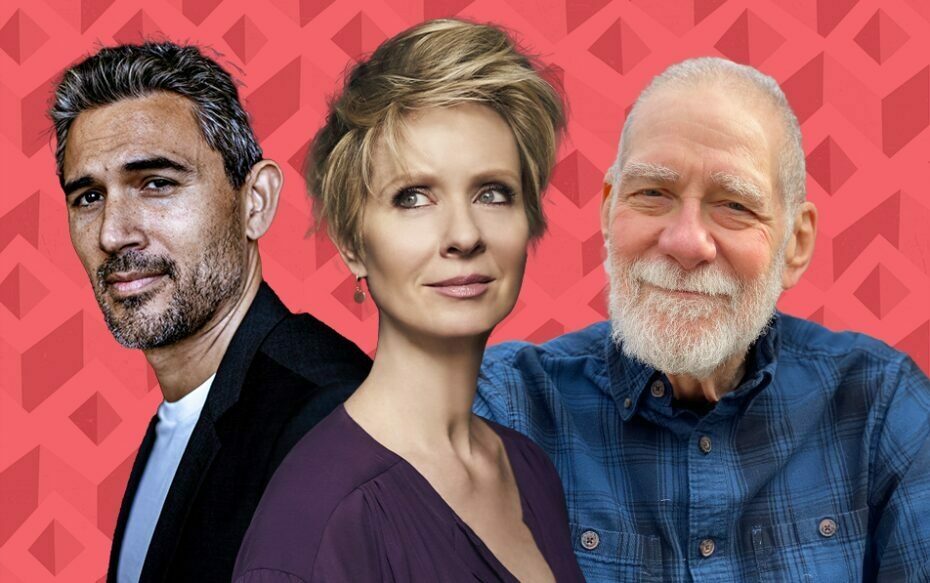 Against a patterned red background: headshots of Ivan Hernandez, Cynthia Nixon, and Richard Masur.