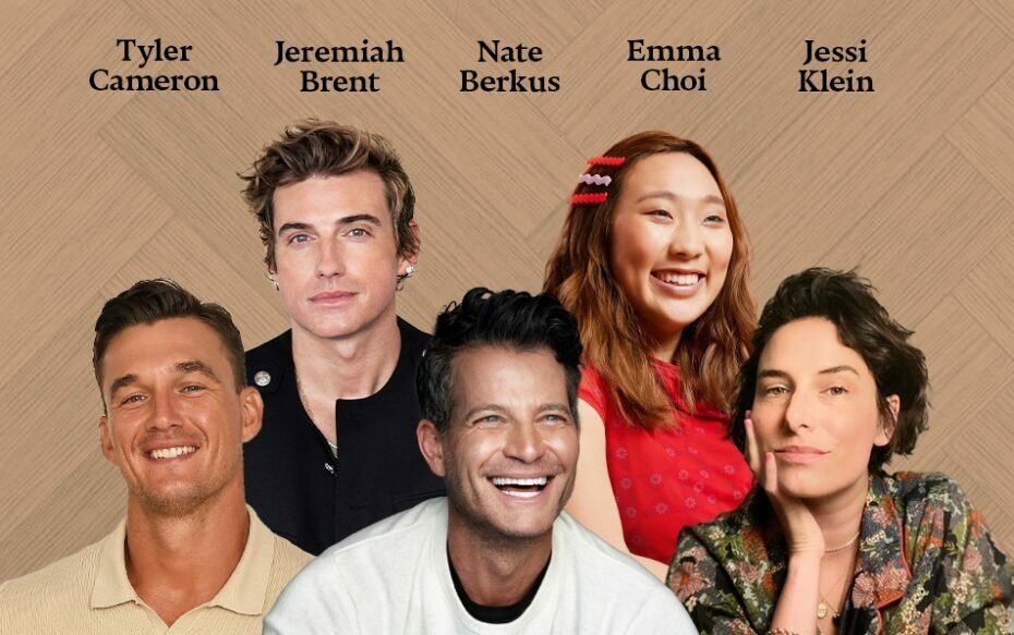 Against a textured brown background: headshots of Nate Berkus, Jeremiah Brent, Tyler Cameron, Emma Choi, and Jessi Klein. The artists' names appear in black text above their headshots. The cover of Berkus's book Foundations appears in the upper left.