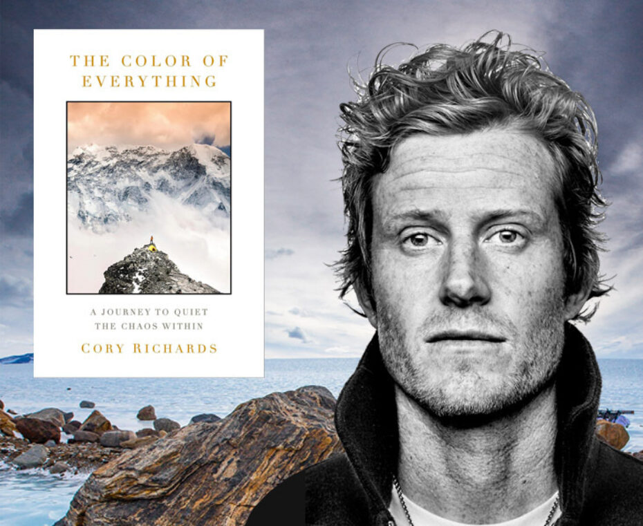 A background image of a glacial landscape. Book cover of Color Of Everything appears on the left side of the image. A black and white headshot photo of author Cory Richards appears on the right.