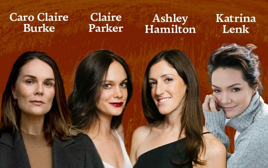 Against a light brown background: headshots of Caro Claire Burke, Claire Parker, Ashley Hamilton, and Katrina Lenk.