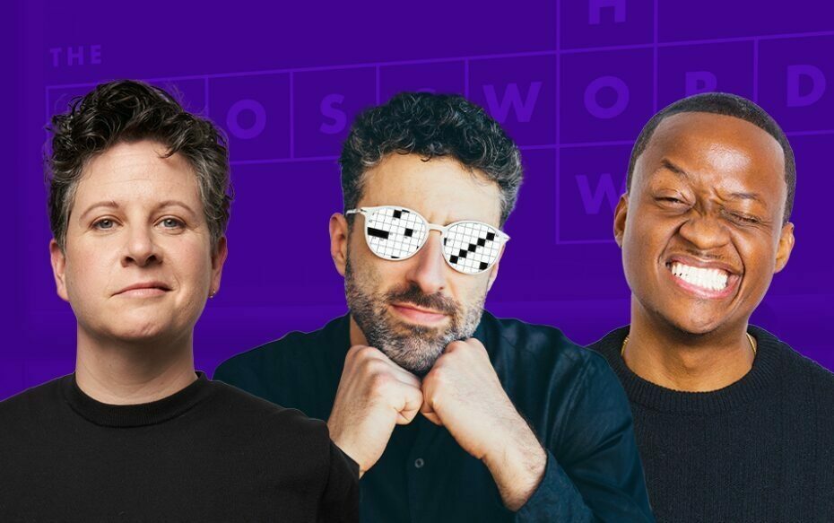 Against a purple background showing the logo of The Crossword Show: headshots of Liz Glazer, Zach Sherwin, and Nore Davis.