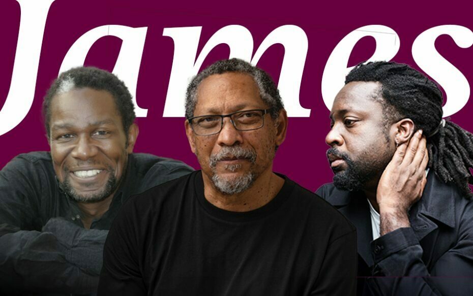 Against a dark purple background: headshots of John Douglas Thompson, Percival Everett, and Marlon James. In the background, white text reading "James" is visible behind the headshots.