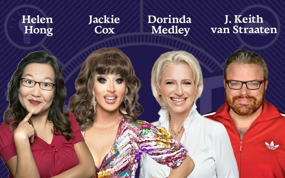 Against a dark blue background: headshots of Helen Hong, Jackie Cox, Dorinda Medley, and J. Keith van Straaten. The artists' names appear in white text above their headshots.