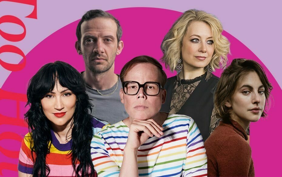 Against a light purple and hot pink background: headshots of Will Brill, Jennifer Mudge, Eden Espinosa, Jeff Hiller, and Madeline Weinstein.