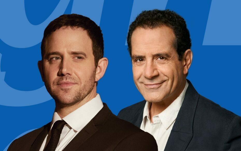 Against a blue background: headshots of Santino Fontana and Tony Shalhoub.