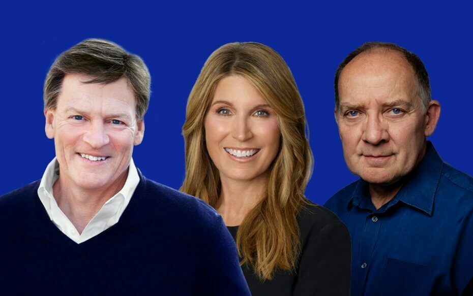 Against a blue background: headshots of Michael Lewis, Nicolle Wallace, and Zach Grenier.