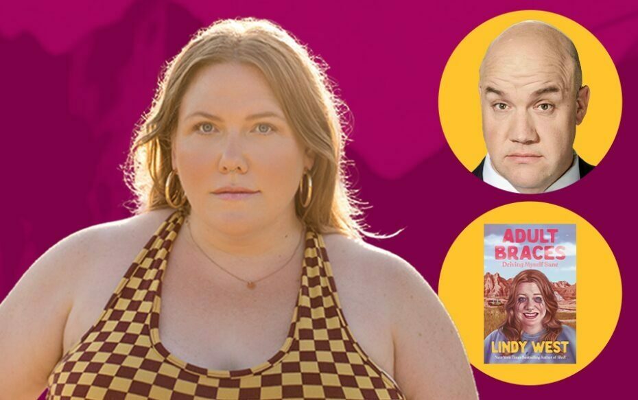 Headshots of Lindy West and Guy Branum, and the cover of Adult Braces.