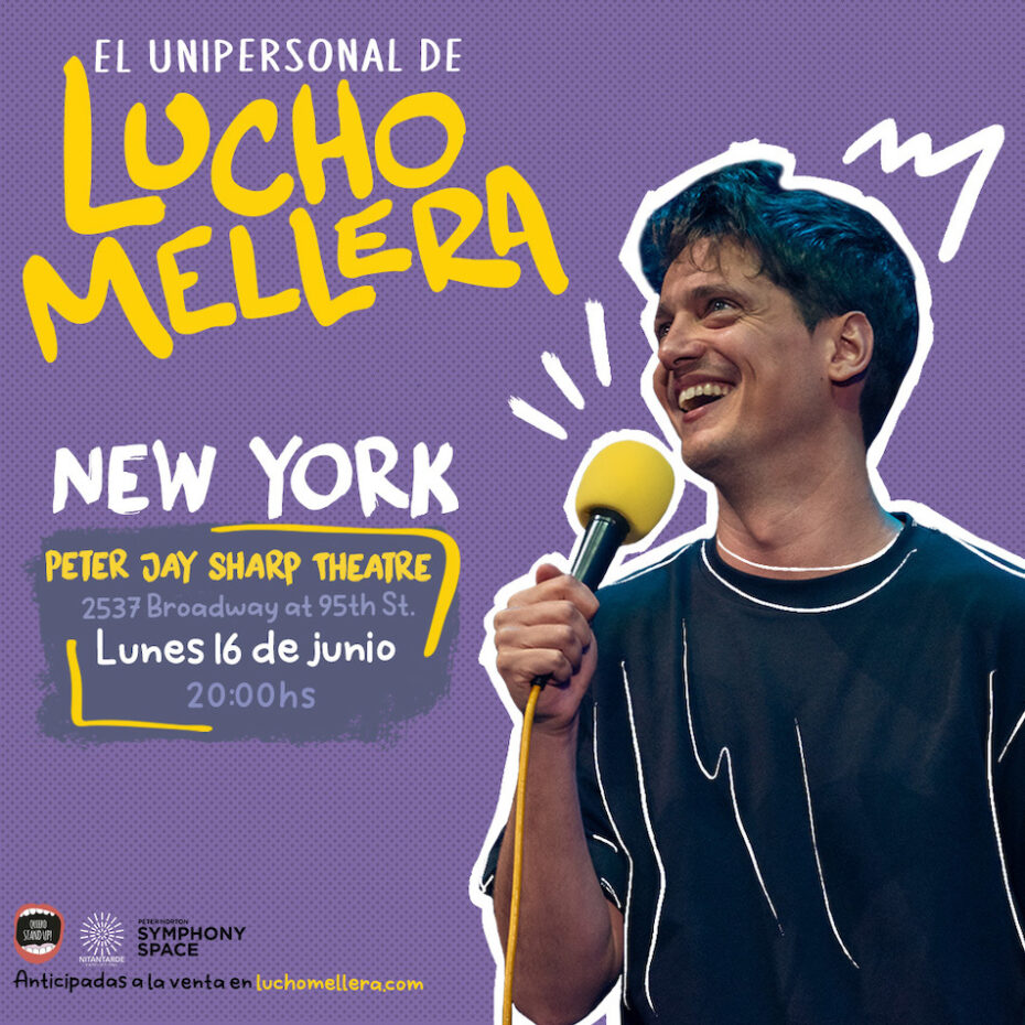Comedian Lucho Mellera poses with microphone in hand over a purple background. His logo appears in the top left corner of the image.