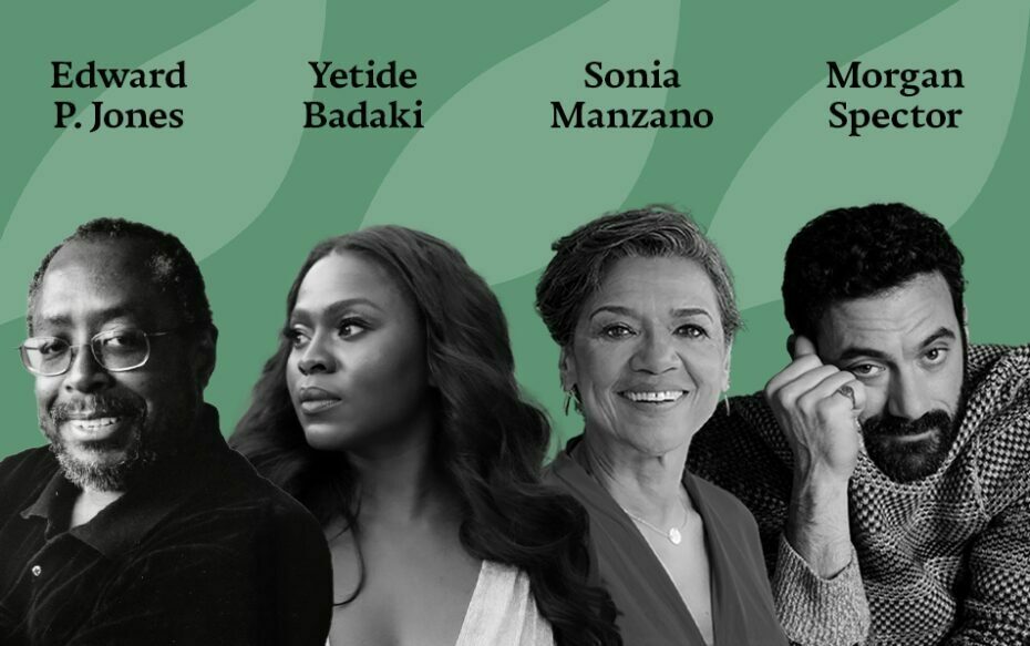 Against a green pattered background: headshots of Edward P. Jones, Yetide Badaki, Sonia Manzano, and Morgan Spector. The artists' names appear in black text above their headshots.