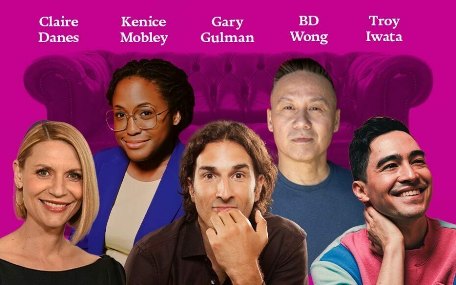 Headshots of Claire Danes, Kenice Mobley, Gary Gulman, Troy Iwata, and BD Wong. In the background: the image of a couch, color-corrected to appear purple. The performers' names appear in white text above their headshots.