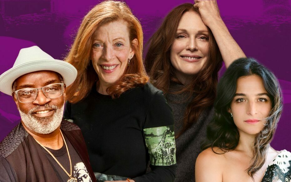 Against a purple background, from left to right: headshots of Fab 5 Freddy, Susan Orlean, Julianne Moore, and Jenny Slate.
