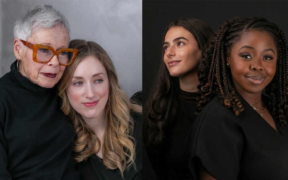 Two portraits side by side. Each feature two women of the ensemble wearing black shirts.