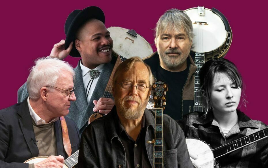 Tony Trischka, Nora Brown, Béla Fleck, Steve Martin, and Jerron Paxton in front of a magenta background.