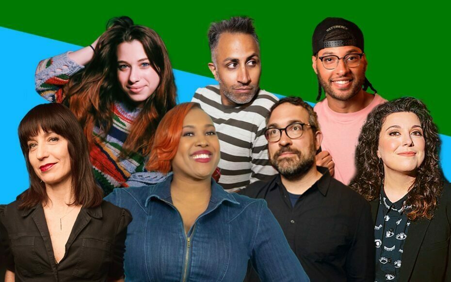 Against a bisected blue and green background: headshots of featured comedians at Uptown Showdown. Back row: Ariel Elias, Kunal C. Arora, and LeClerc Andre. Front row: Ophira Eisenberg, Mia Jackson, Matt Koff, and Jenny Zigrino.