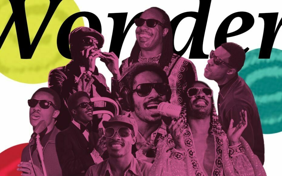 Various images of Stevie Wonder through the years, with text that says, "Wonder."