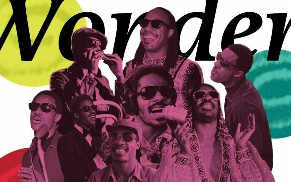 Various images of Stevie Wonder through the years, with text that says, "Wonder."