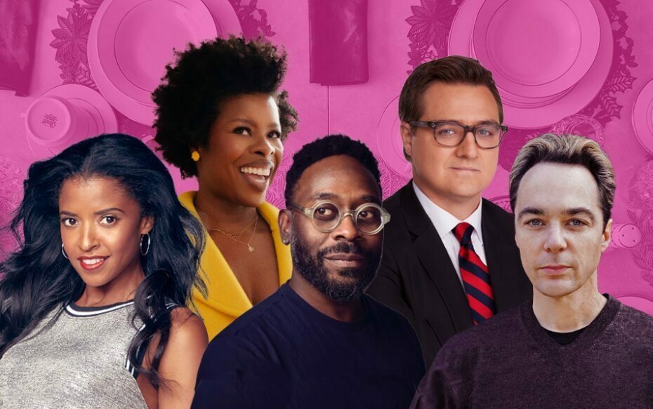 Renée Elise Goldsberry, Roslyn Ruff, James IJames, Chris Hayes, and Jim Parsons against a pink background with a table and dinner plates in the background
