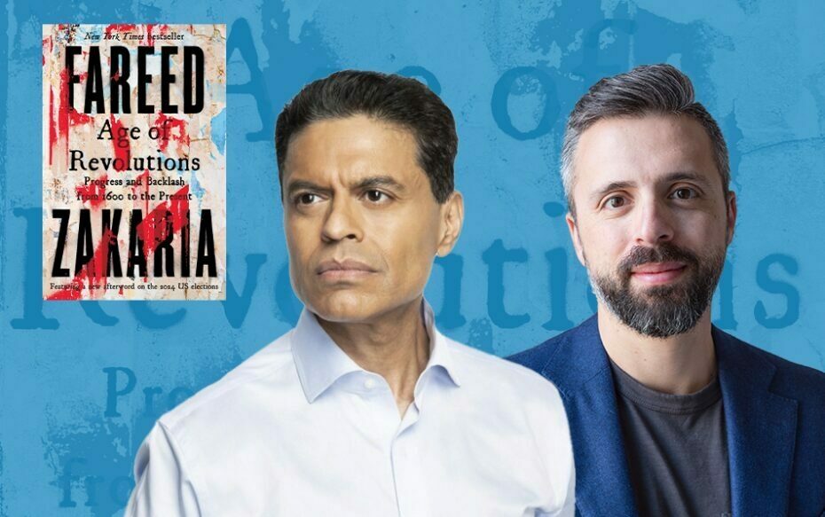 Fareed Zakaria and Ezra Klein in front of a blue background, with the cover of Age of Revolutions also featured.