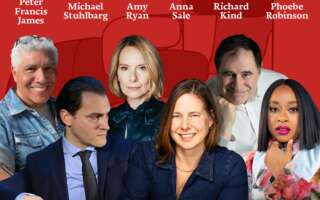 Against a red background with red geometric shapes: headshots of Peter Francis James, Michael Stuhlbarg, Amy Ryan, Anna Sale, Richard Kind, and Phoebe Robinson. The artists' names appear in white text above their headshots.