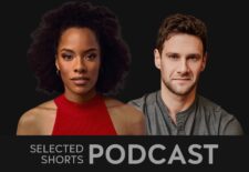 Anna Uzele, a smiling woman in a red sleeveless red top, and Justin Bartha, a man with facial hair wearing a collarless shirt.