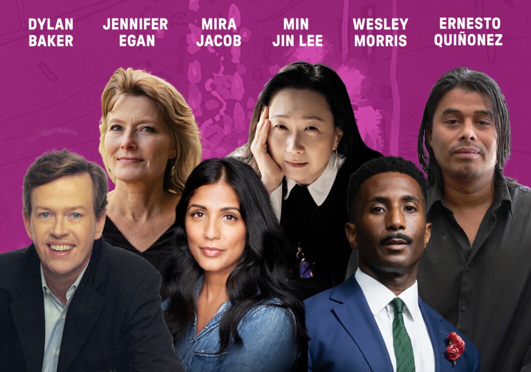Headshots of Dylan Baker, Jennifer Egan, Mira Jacob, Min Jin Lee, Wesley Morris, and Ernesto Quiñonez against a purple background. The artists' names appear in white text above their headshots.