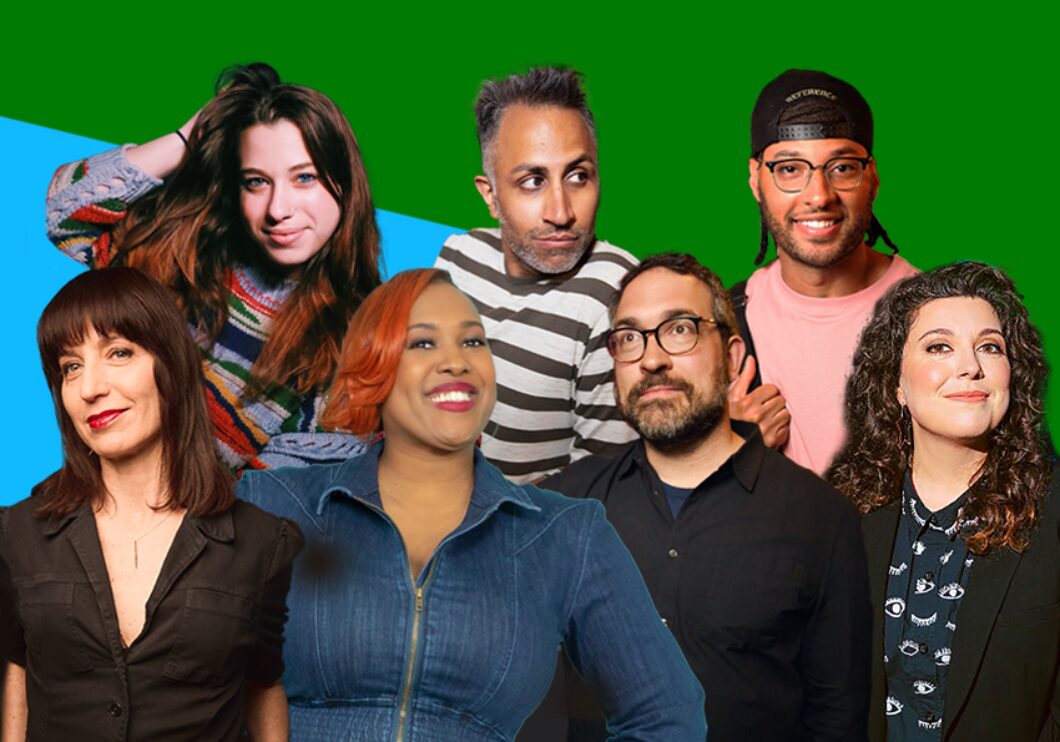 Against a bisected blue and green background: headshots of featured comedians at Uptown Showdown. Back row: Ariel Elias, Kunal C. Arora, and LeClerc Andre. Front row: Ophira Eisenberg, Mia Jackson, Matt Koff, and Jenny Zigrino.