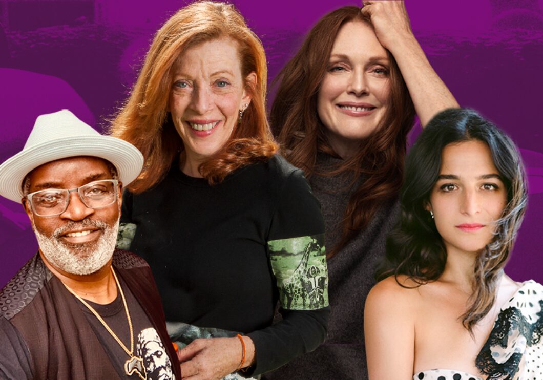 Against a purple background, from left to right: headshots of Fab 5 Freddy, Susan Orlean, Julianne Moore, and Jenny Slate.