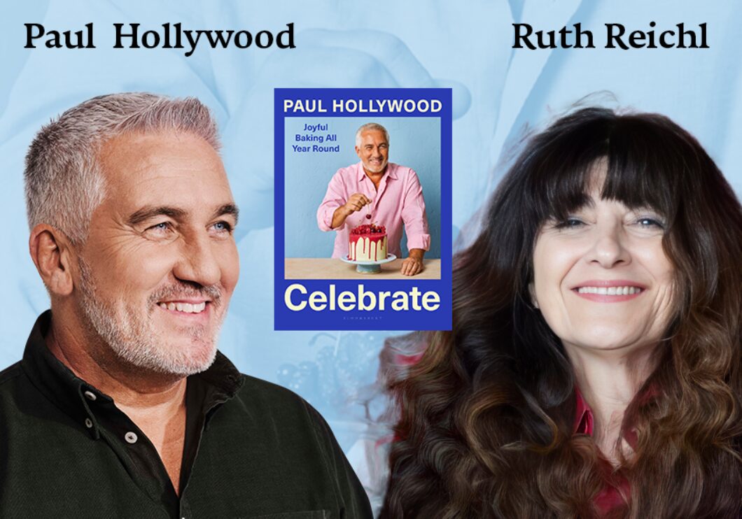 Against a blue background: headshots of Paul Hollywood and Ruth Reichl. Between them in the center: the cover of Hollywood's book Celebrate: Joyful Baking All Year Round, and the artists' names appear in black text above their headshots.