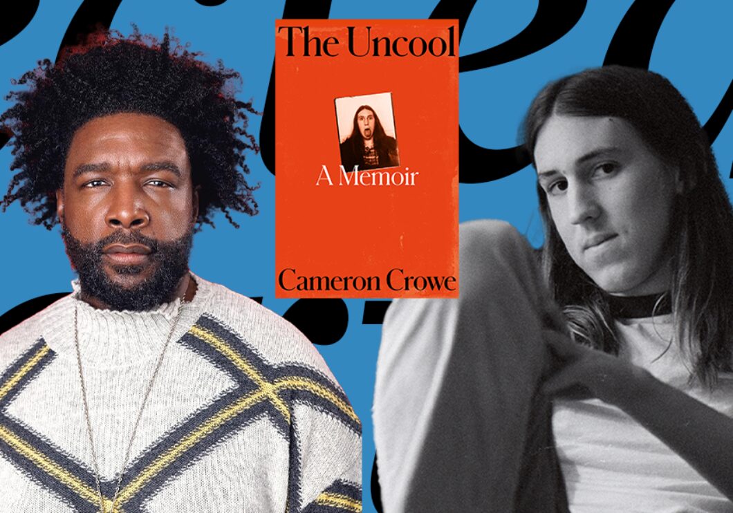 Against a black-and-blue background: headshots of Cameron Crowe and Questlove. The cover of Crowe's book The Uncool appears between the headshots.