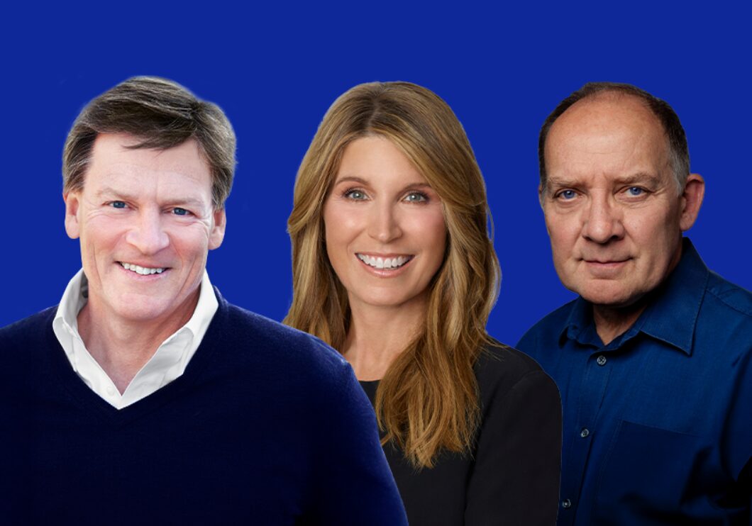 Against a blue background: headshots of Michael Lewis, Nicolle Wallace, and Zach Grenier.