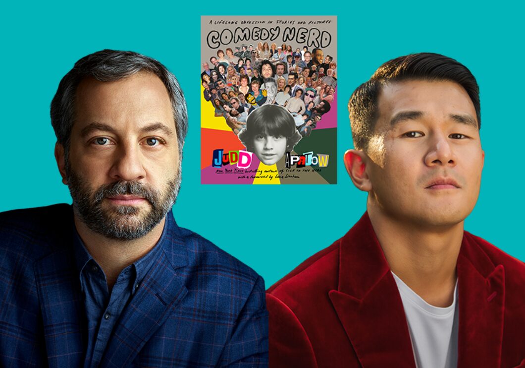 Image of Judd Apatow & Ronny Chieng against a turquoise background next to cover of Apatow's book Comedy Nerd