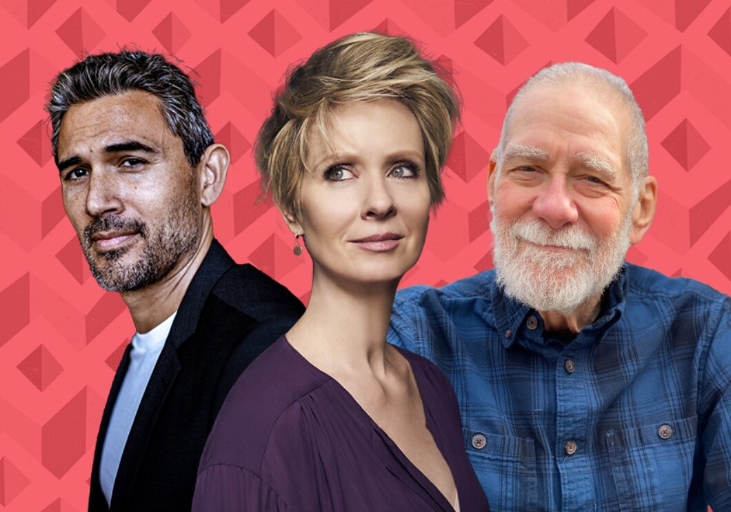 Against a patterned red background: headshots of Ivan Hernandez, Cynthia Nixon, and Richard Masur.