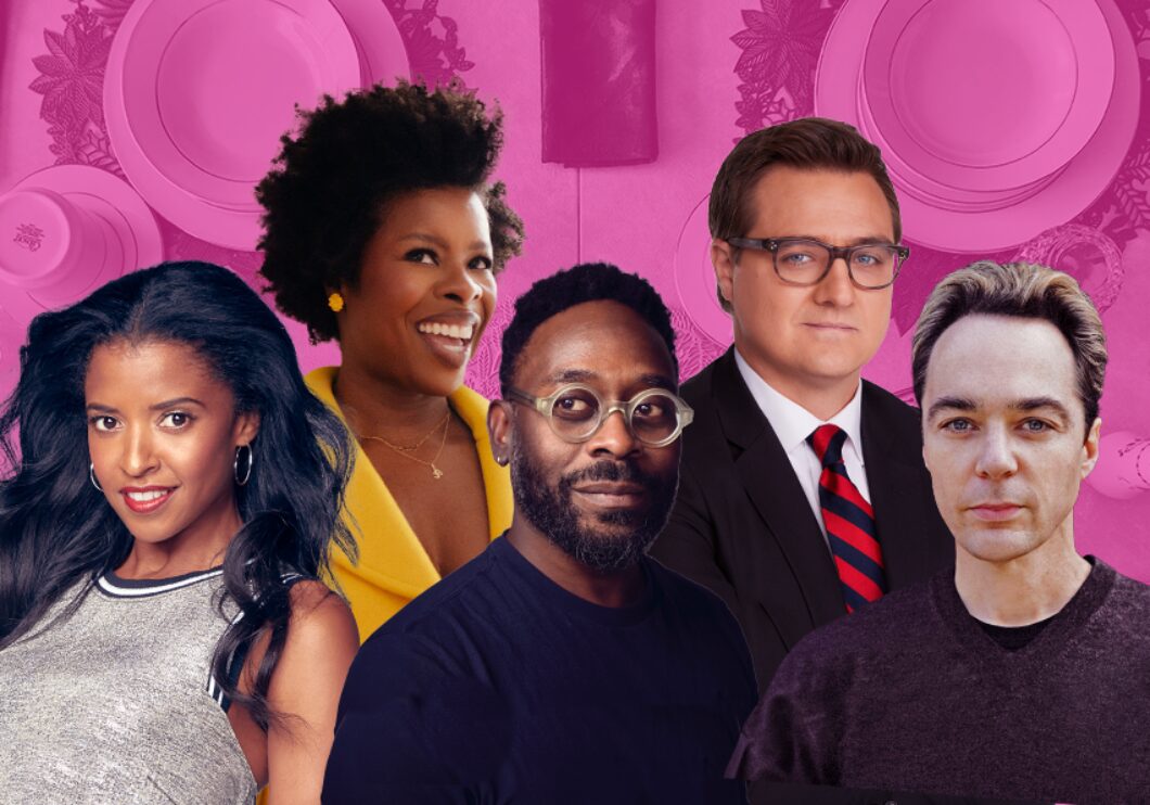 Renée Elise Goldsberry, Roslyn Ruff, James IJames, Chris Hayes, and Jim Parsons against a pink background with a table and dinner plates in the background