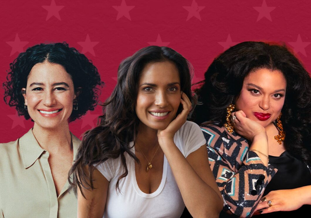 Against a red background decorated with stars: headshots of Ilana Glazer, Padma Lakshmi, and Michelle Buteau.