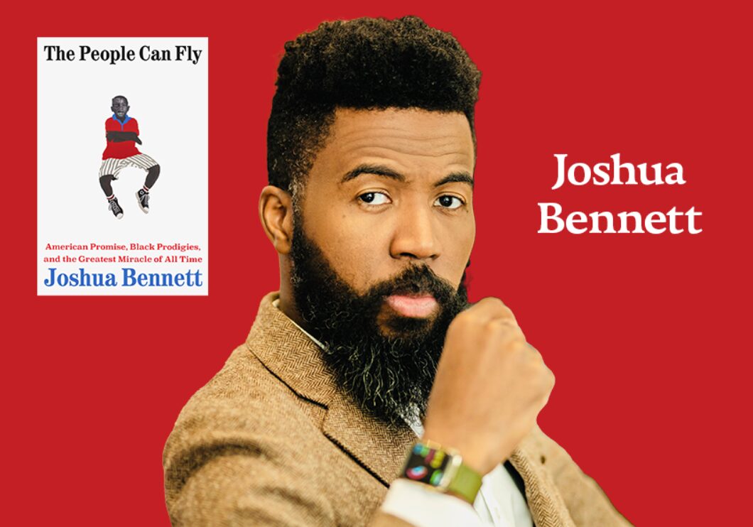 Image of Joshua Bennett and his book The People Can Fly against a red background.
