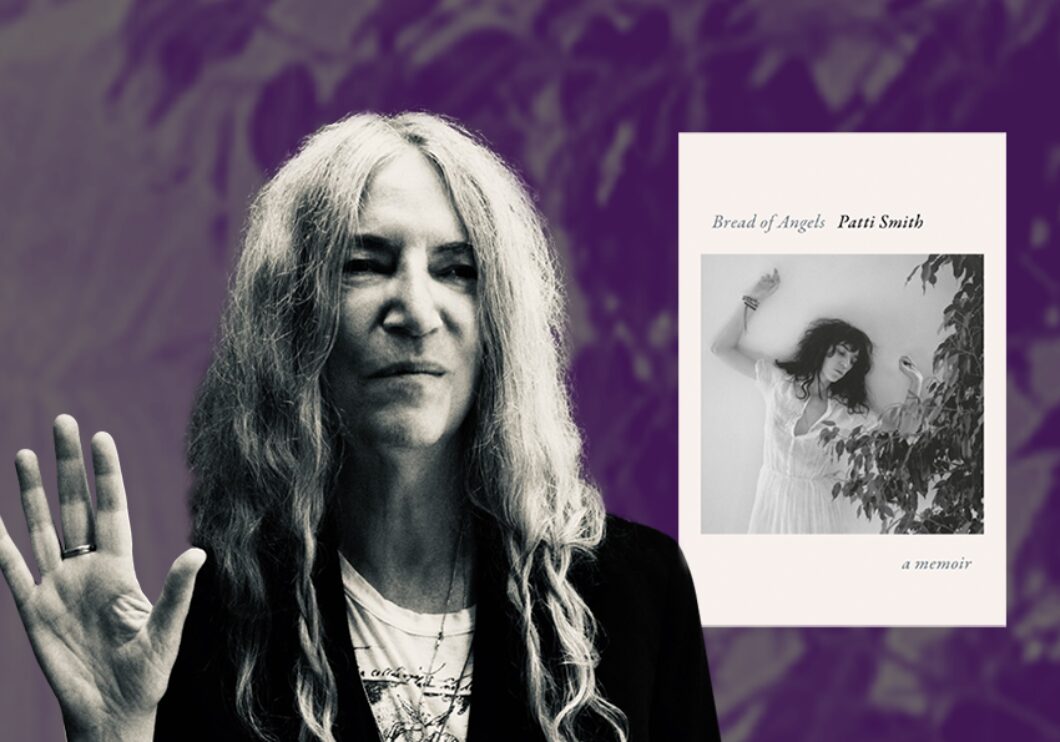 Against a purple background is a photo of Patti Smith and her book cover for Bread of Angels which has a dancing woman