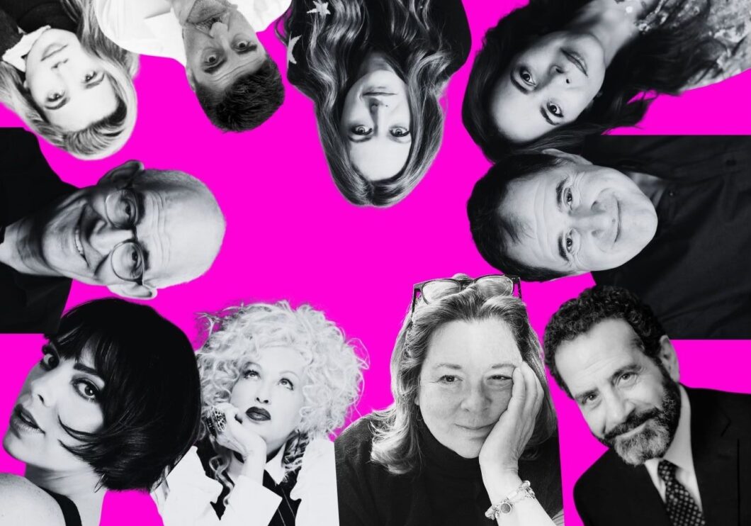 Black and white cut out headshots arranged in a looping circle around the image. The background is bright neon pink.