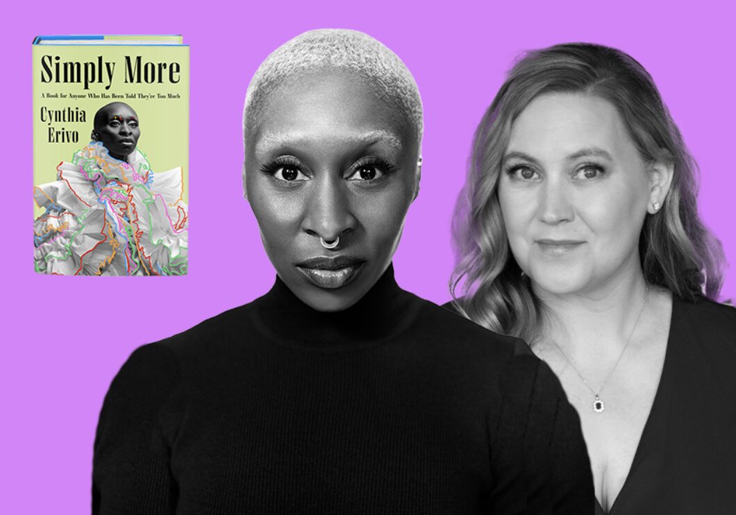 Photos of Cynthia Erivo, Rebecca Yarros, and Erivo's book Simply More against a purple background.